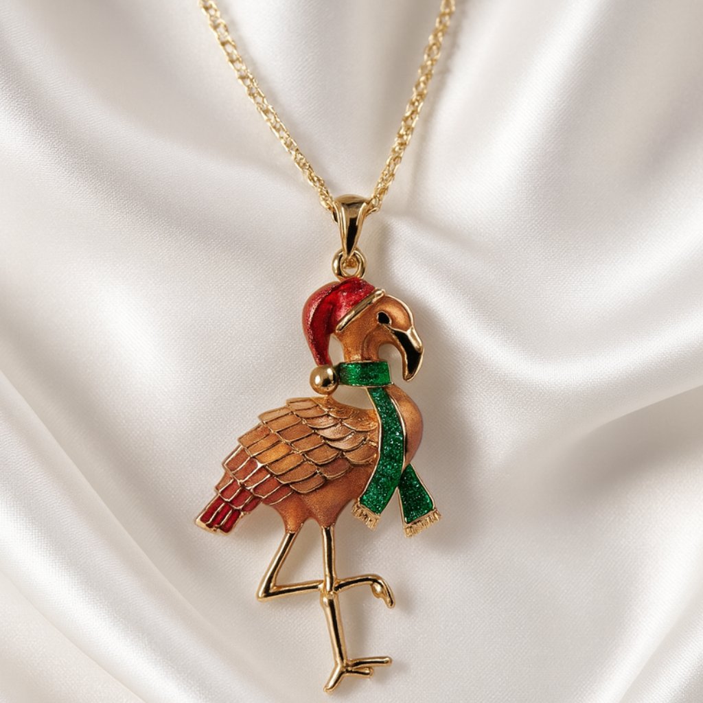 Festive Flamingo Bird Pendant Necklace Pink Enamel Tropical Women's Jewelry